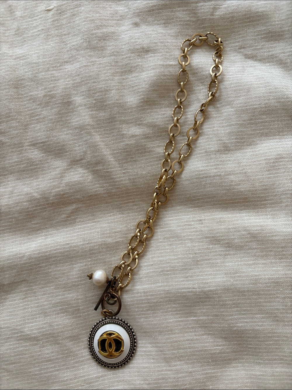 Gold-Tone Pendant Necklace with White Enamel and Pearl Accent